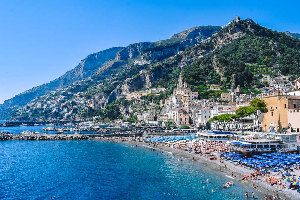 The main beach and harbour of Amalfi in Italy