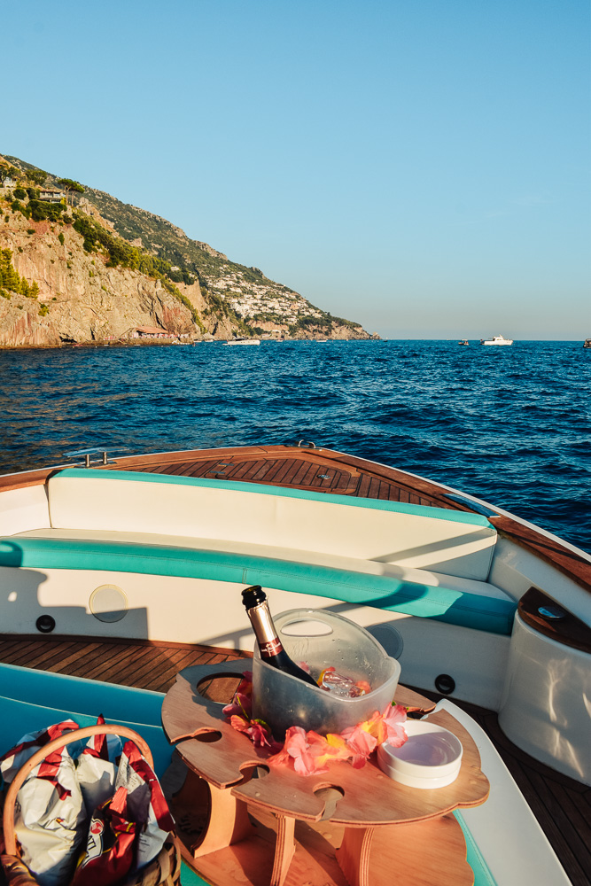 Enjoying an aperitivo and Prosecco during our private boat tour in Positano