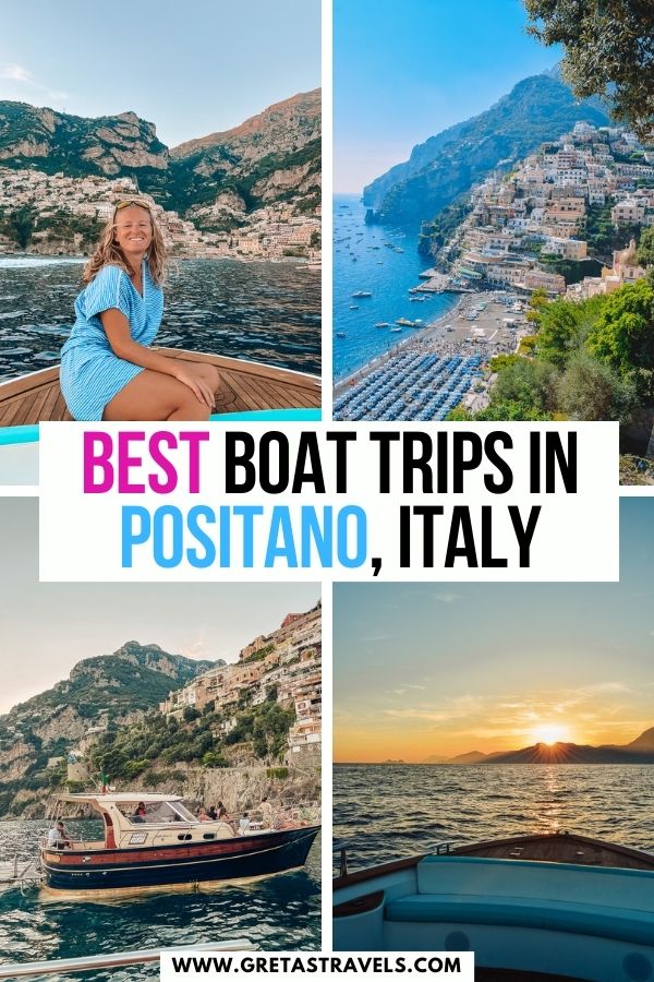 Photo collage of a blonde girl sitting on a boat, the sunset in the sea, and the view over Positano with text overlay saying 'best boat trips in positano' in Italy