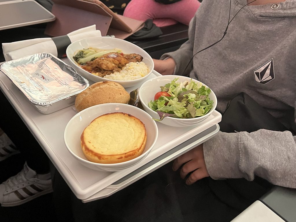 Premium Economy Air Canada meal with kids.