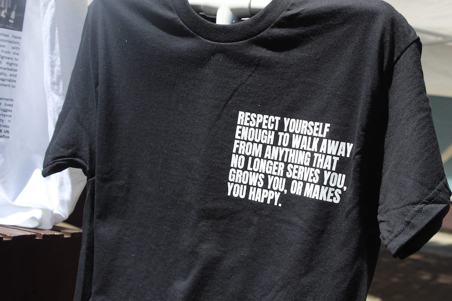 T-shirt reading, "Respect yourself enough to walk away from anything that no longer serves you, grows you, or makes you happy.