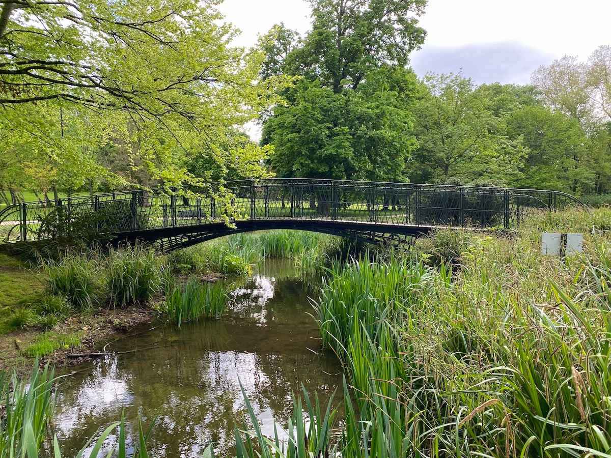 Metal footbridge crossing a stream.