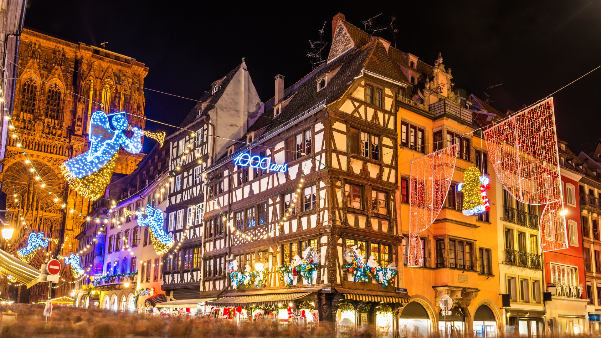 This night shot shows several beautiful buildings in Strasbourg decorated for Christmas.