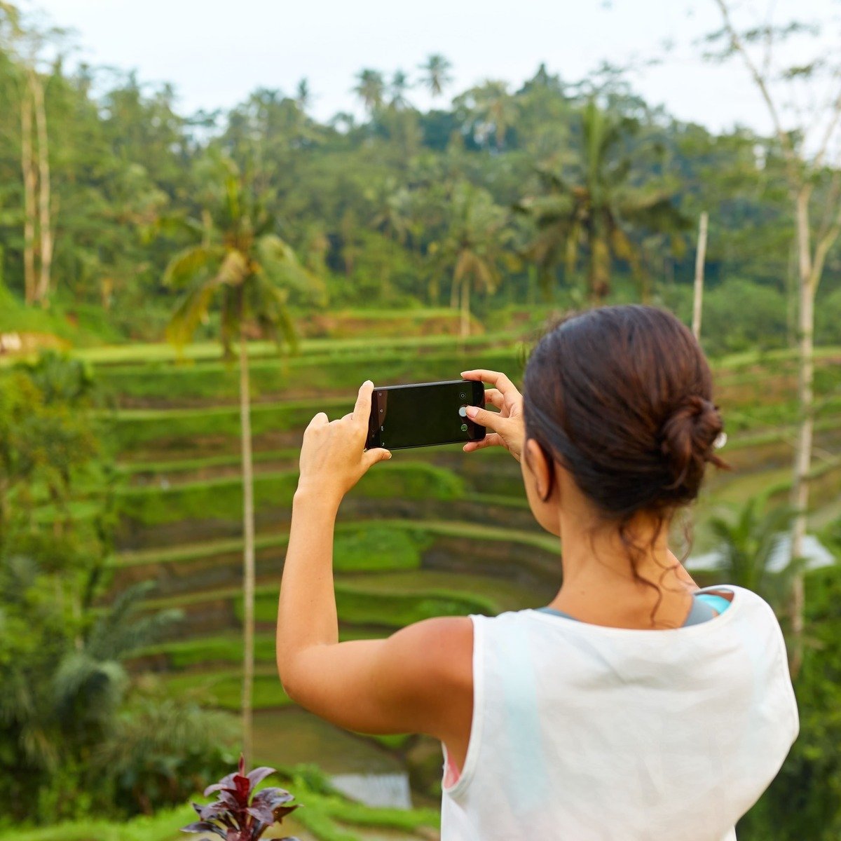 Young Female Tourist Taking Picture Of A Rice Terrace In Bali, Indonesia, Southeast Asia