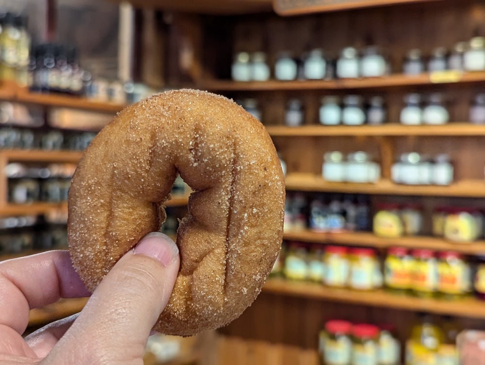 Holding an apple cider donut at Tyrone Mills with jars blurred in the background.