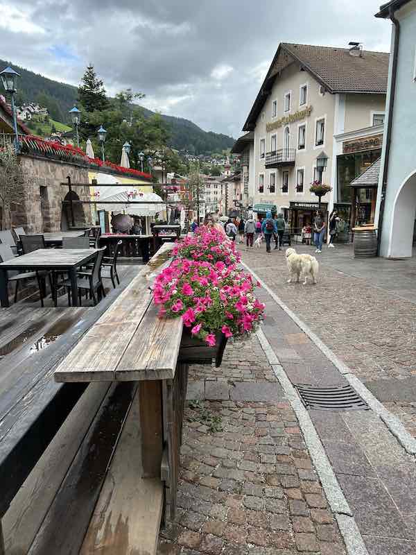 Ortisei town center with a beautifully decorated wooden table of pink flowers