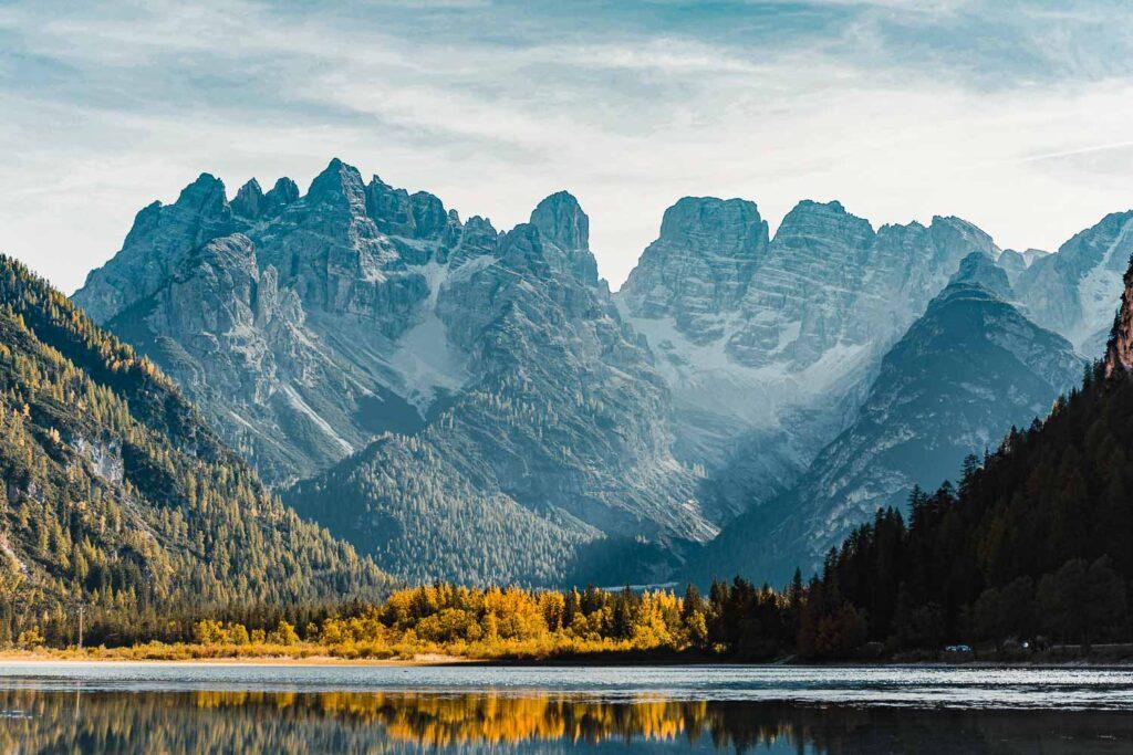 Dolomites Landscape early in the morning, view from a typical lake