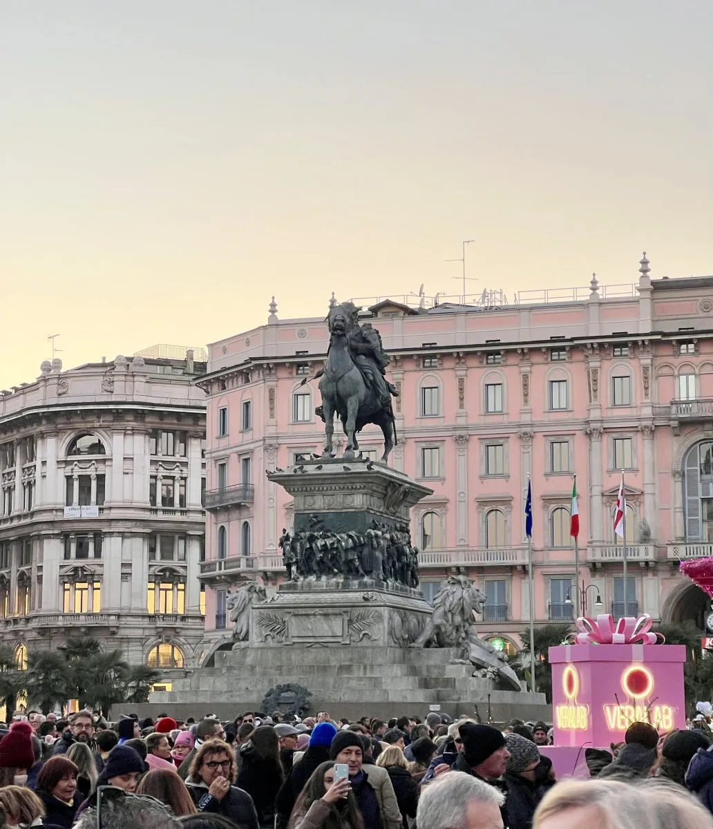 Vittorio Emanuele II statue in Milan at sunset