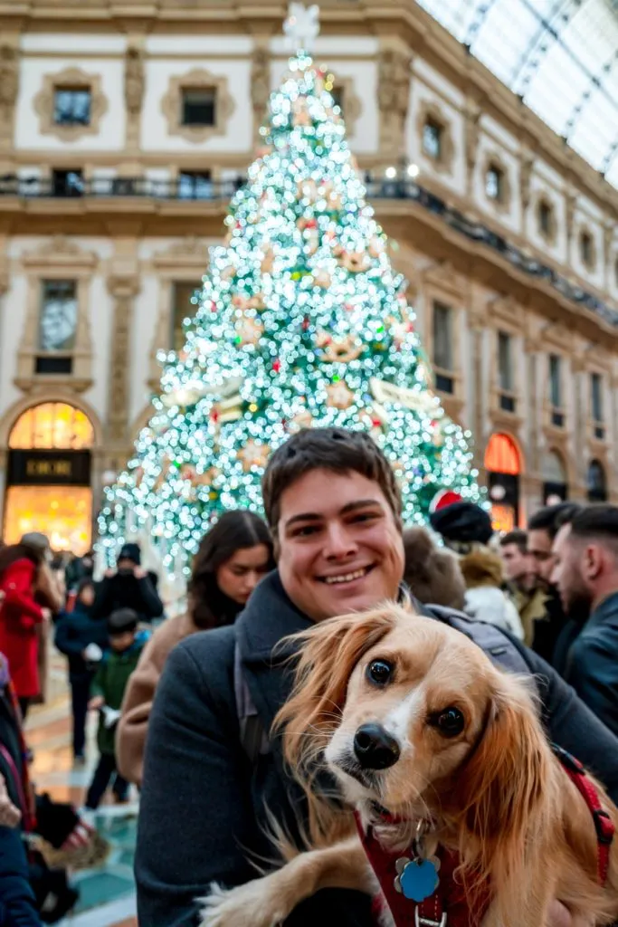 Family in front of Milan's Christmas tree in Galleria Vittorio Emanuele