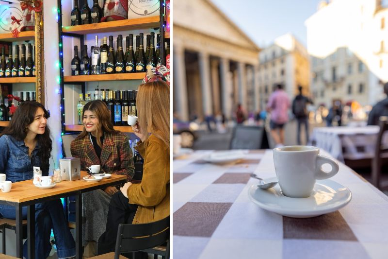 Young women savoring some of the best coffee in Rome along with a caffè espresso, seated at a table outside the Pantheon.