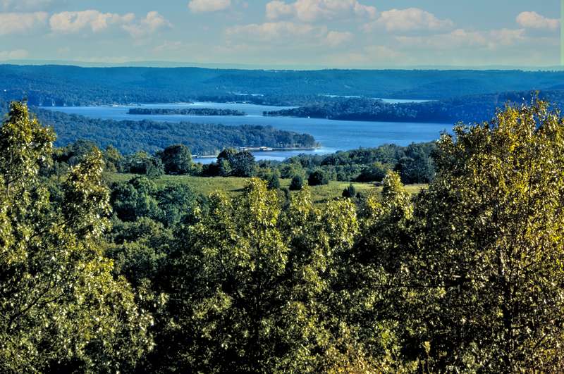 Table Rock Lake winds through the Ozark Mountains west of Branson, Missouri into Arkansas