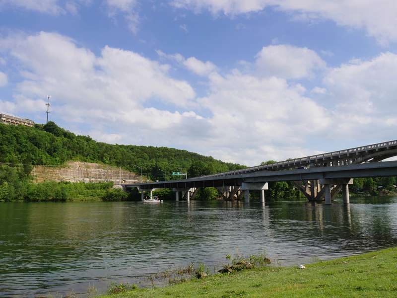 A panoramic view of Branson landing with the double bridges and lake