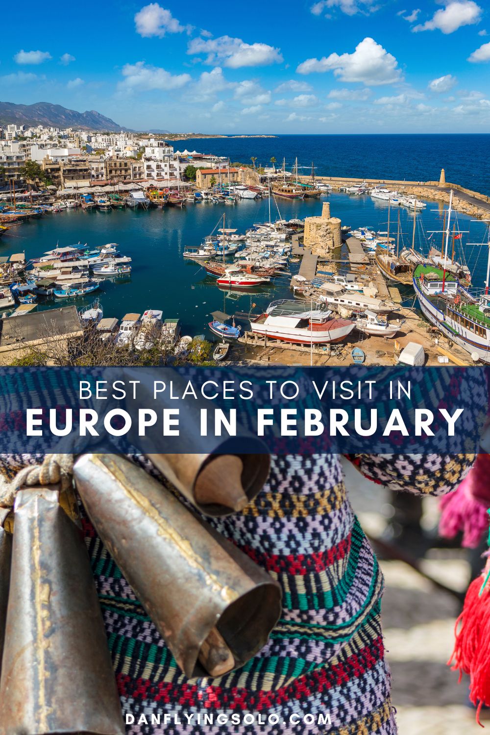 Pin it: Best places to visit in Europe in February (Top: Cyprus | Bottom: Caretos costume /Canva)