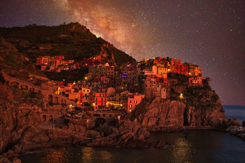 The colorful villages of Cinque Terre in Manarola, Italy, at night