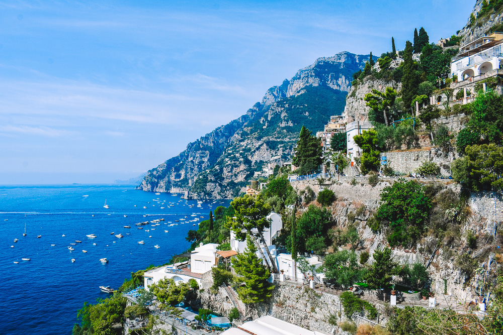 Views over the Amalfi Coast coastline during the final section of the Path of the Gods hike (after the downhill steps, the final section alongside the road)