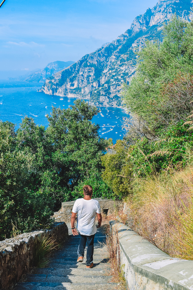 Hiking the final section of the Path of the Gods trail of downhill steps from Nocelle to Positano