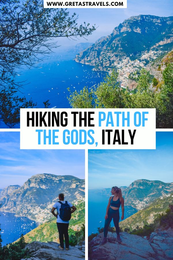 Photo collage of the views of the Amalfi Coast coastline with text overlay saying 'Hiking the Path of Gods Italy'