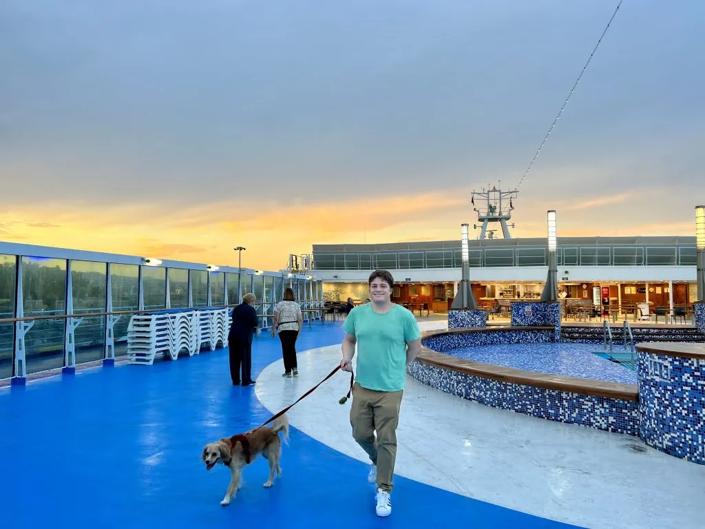 Jeremy Storm and Ranger Storm on Grimaldi Lines deck at sunset