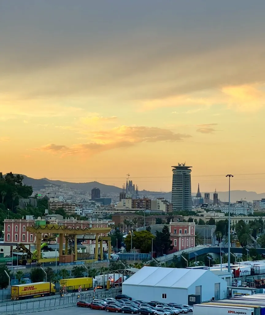 Sunset view of Barcelona from Grimaldi Lines boat