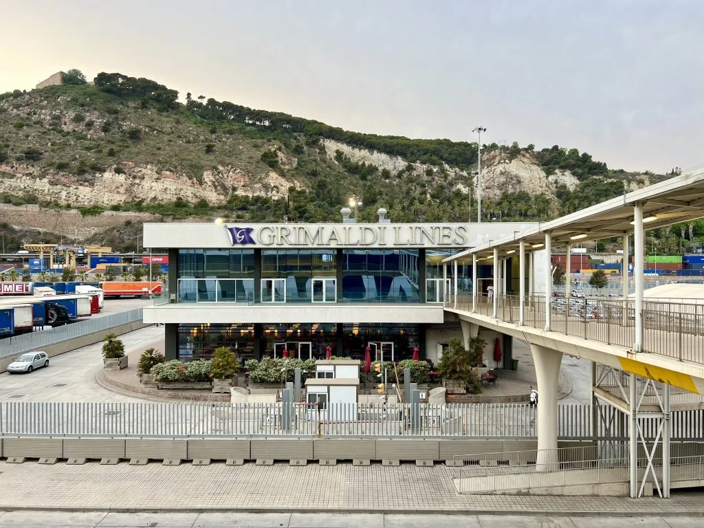 Grimaldi Lines office in Barcelona, Spain, seen from the boat while boarding