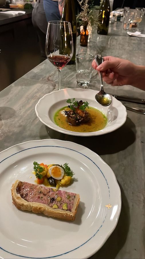 Pâté en Croute and Confit d’agneau, grilled maitake mushrooms, smoked eggplant, and consommé at St. Lawrence.