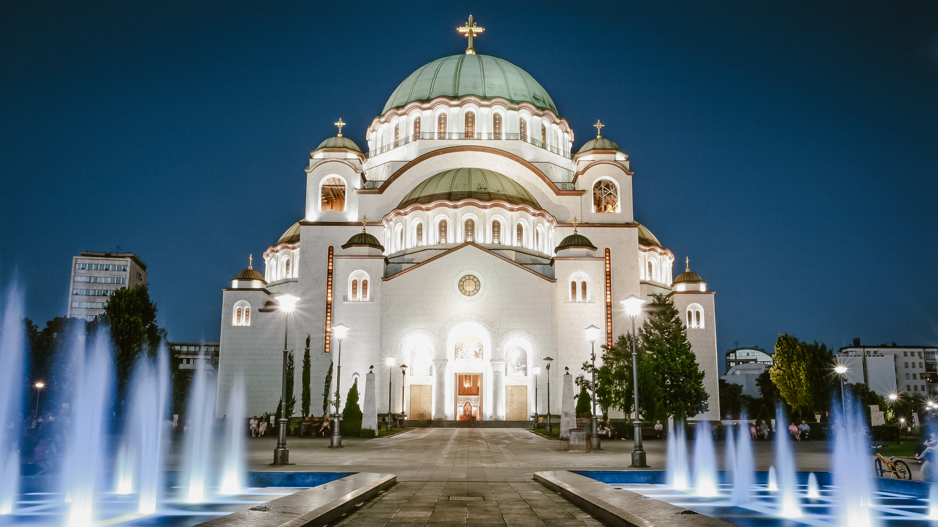 Saint Sava Cathedral in Belgrade illuminated at dusk.