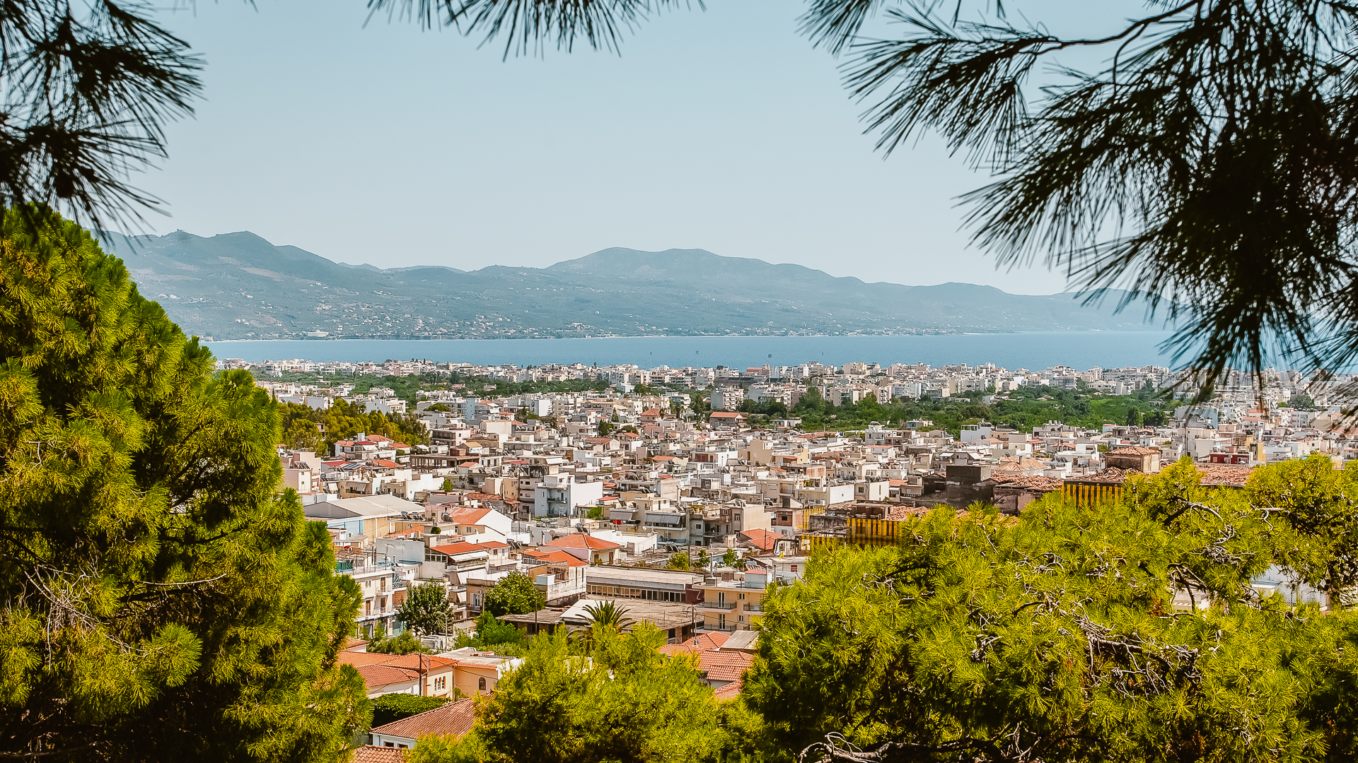 A view of the City of Kalamata framed by lush trees and branches.