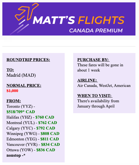 Matt’s Flights Reviews - Madrid flights deals