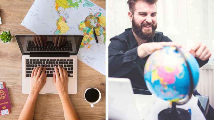 Man spinning a globe and woman working at her laptop, indicating travel planning without a partner