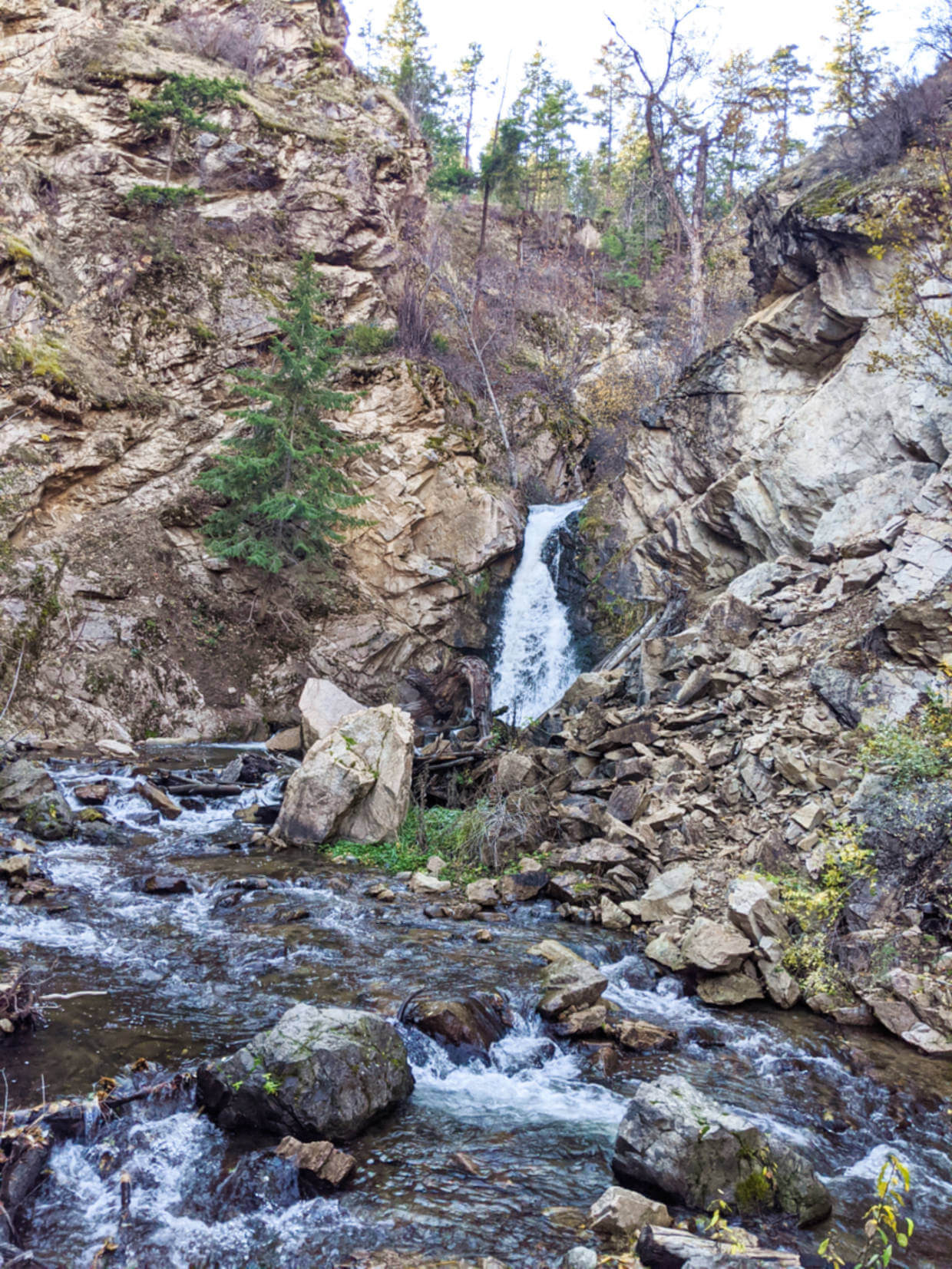 Small cascade in a steep canyon, with river flowing towards the photographer