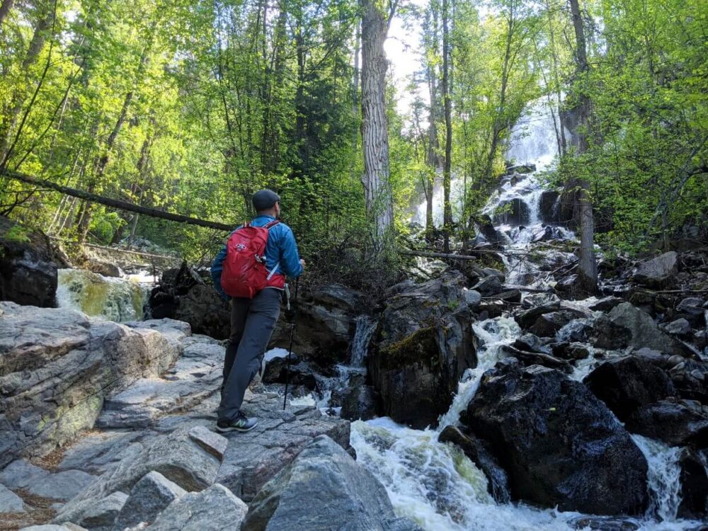 A series of cascades in a forest with a person standing on a rock in front