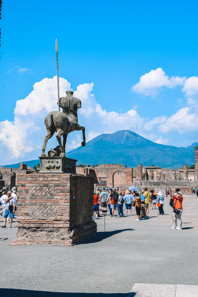 View of the Centauro di Igor Mitoraj, the Foro di Pompeii and Mount Vesuvius in the background