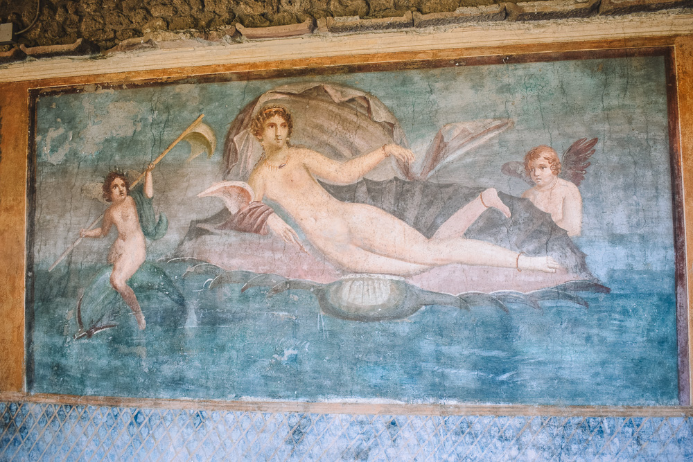 The beautiful affresco from which House of Venus in the Shell takes its name, in Pompeii, Italy