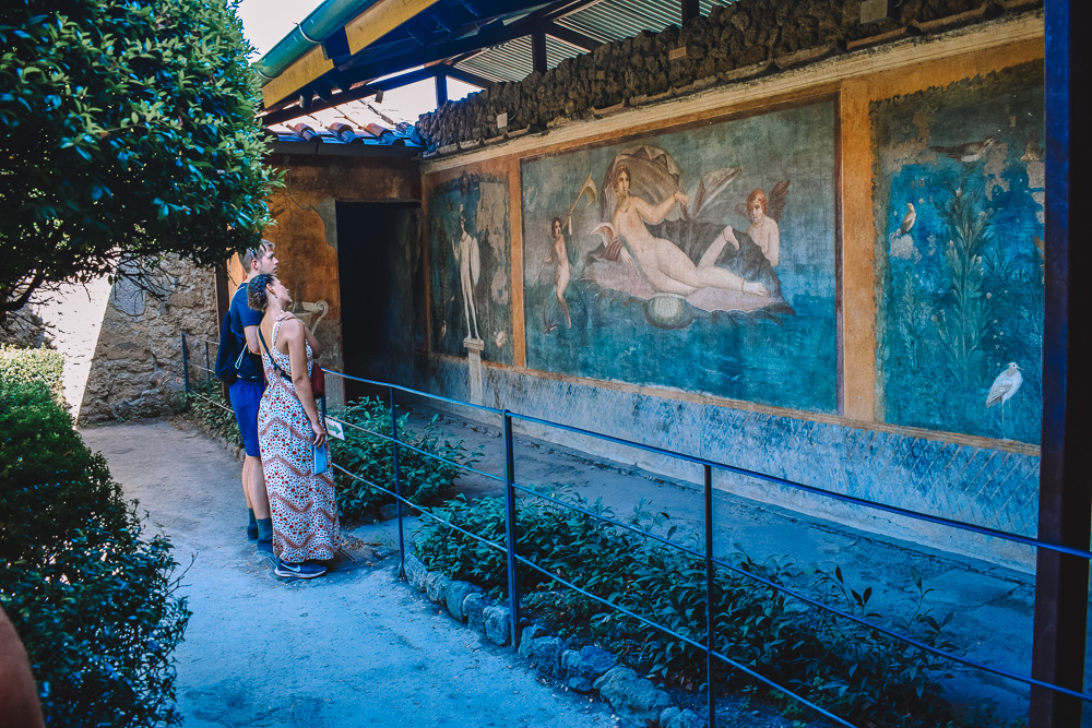 Admiring the beautiful murals at the House of Venus in the Shell in Pompeii, Italy