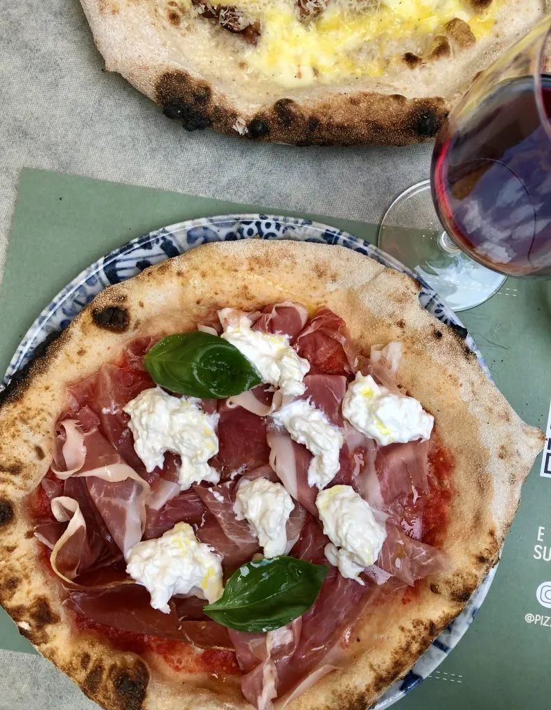 Overhead view of a pizza in Italy