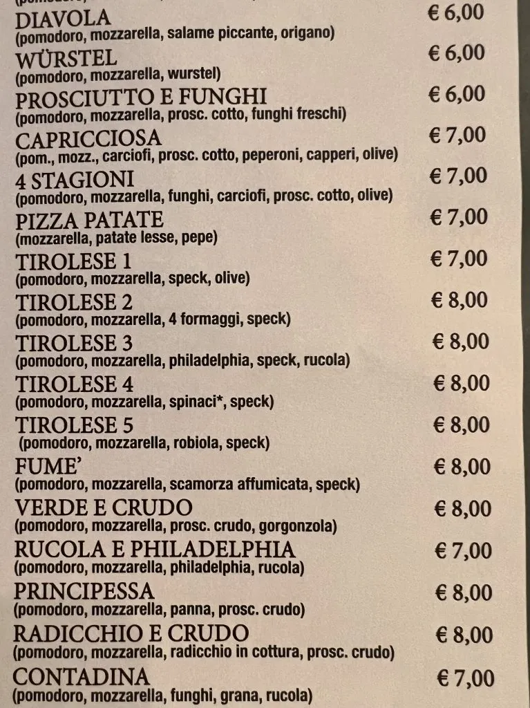 Part of an Italian pizzeria menu