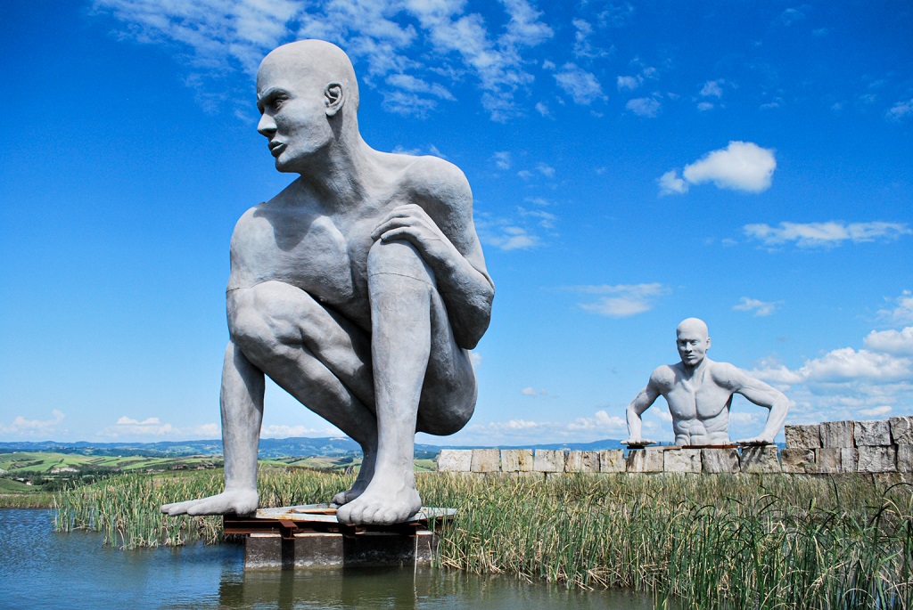 A view of the Teatro del Silenzio featuring two giant sculptures during a past Andrea Bocelli concert.