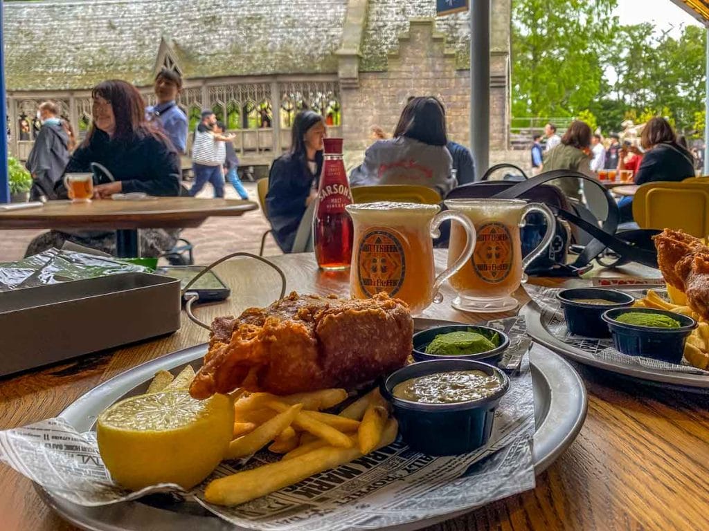 Fish, chips and mush peas from the Backlot Cafe at The Making of Harry Potter