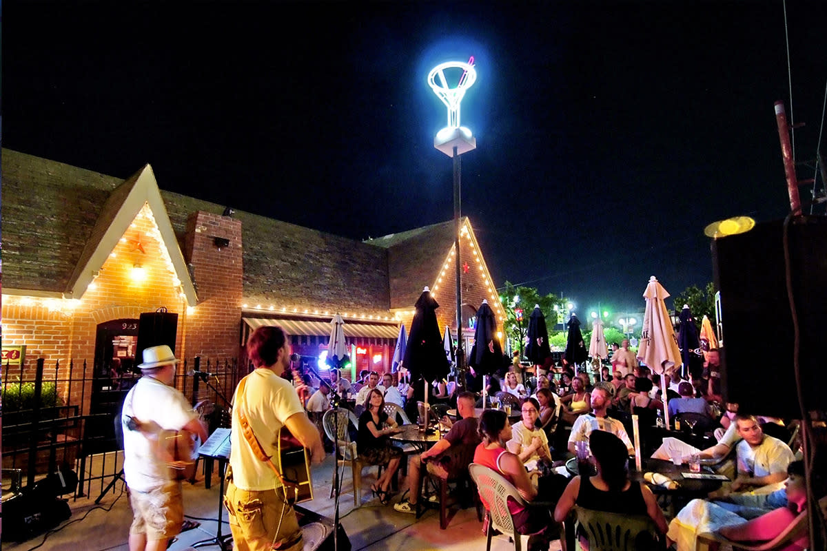 Musicians perform on the patio of Morts Martini Bar