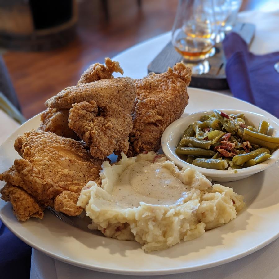 Fried chicken, green beans, and mashed potatoes at Purple Poulet