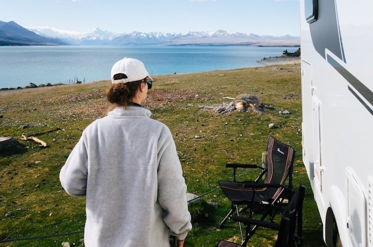 A motorhome parked at Lake Pukaki with a freedom camper