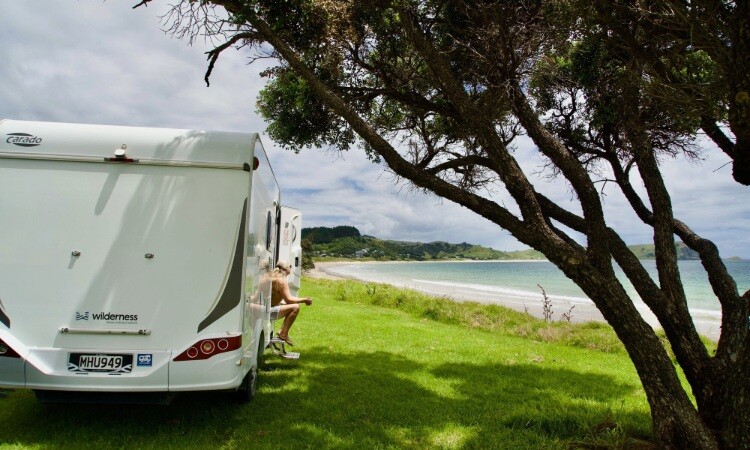 A motorhome displaying a self-contained sticker