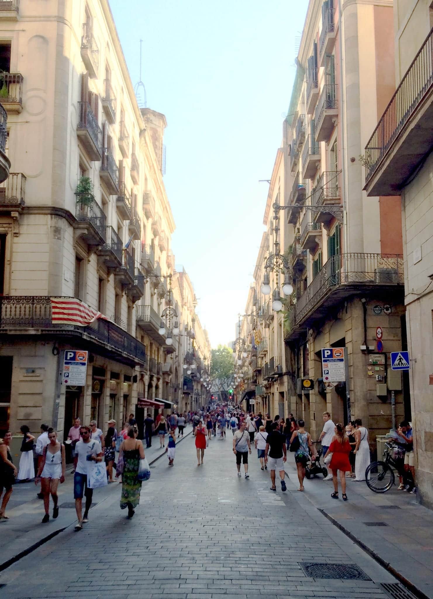 People strolling through a pedestrian-only cobblestone street in El Raval, Barcelona.