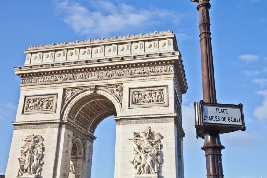 The Arc de Triomphe, an iconic monument in Paris, located at the center of Place Charles de Gaulle