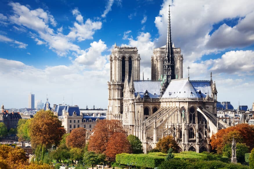 Notre-Dame Cathedral in Paris with a panoramic view of the city in the background