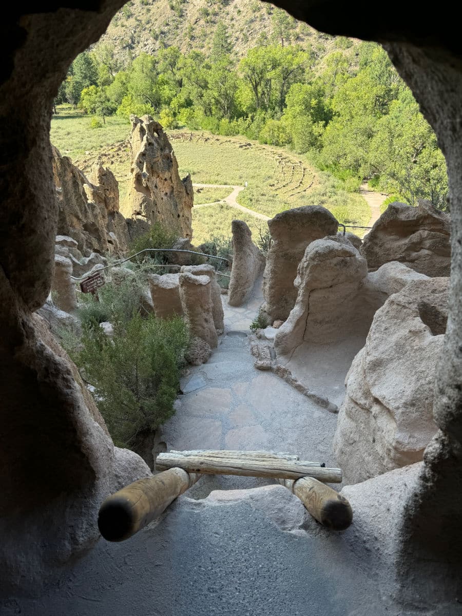 Looking down a ladder at Bandelier National Monument