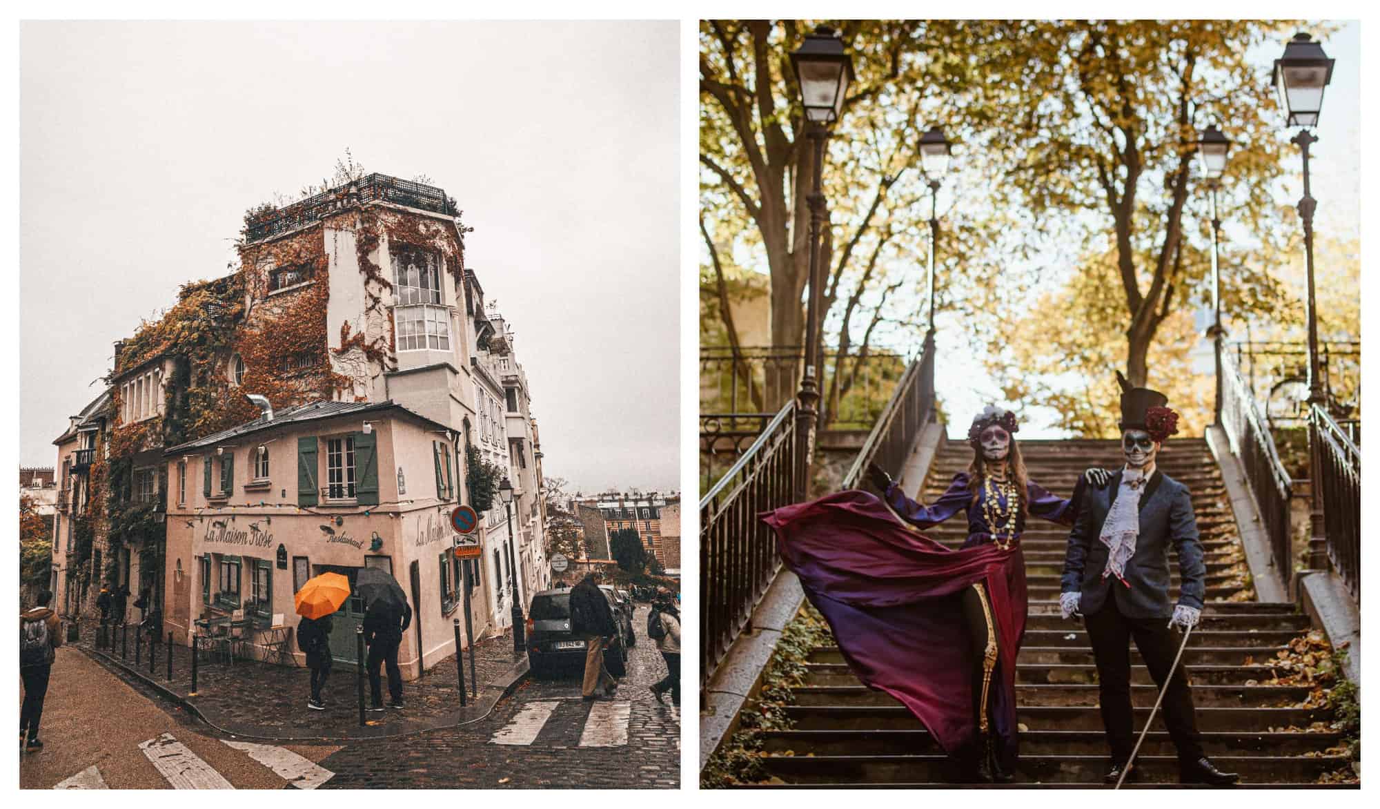 Left: The famous Maison Rose in Montmartre during autumn. Right: A couple dressed for the Mexican Day of the Dead posing at a Montmartre staircase.