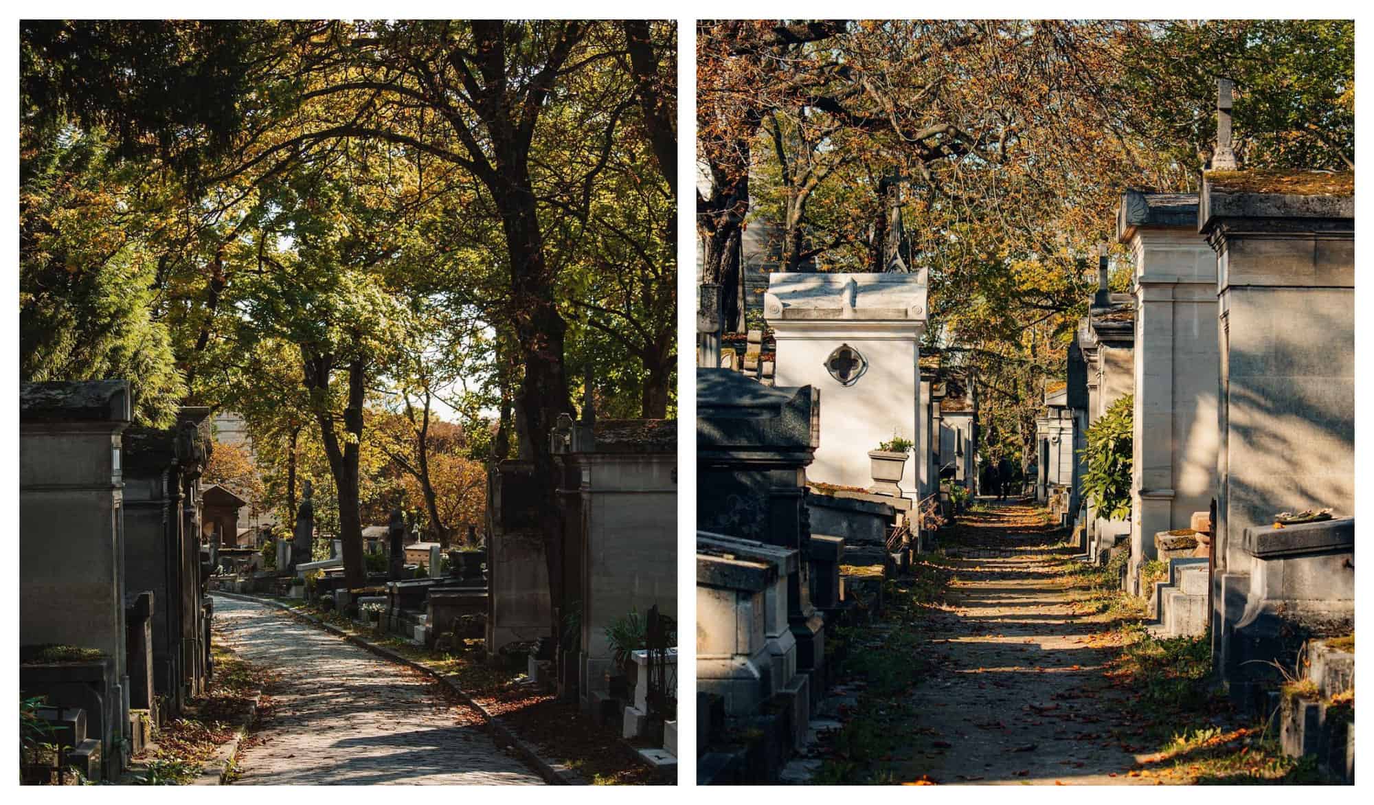 Two images of Père Lachaise cemetery in the fall, featuring tombstones and trees with amber leaves.