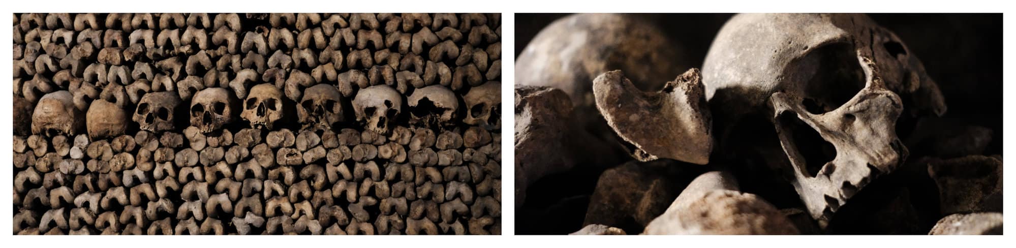 Two images of the famous Catacombs of Paris featuring stacks of skulls and bones.