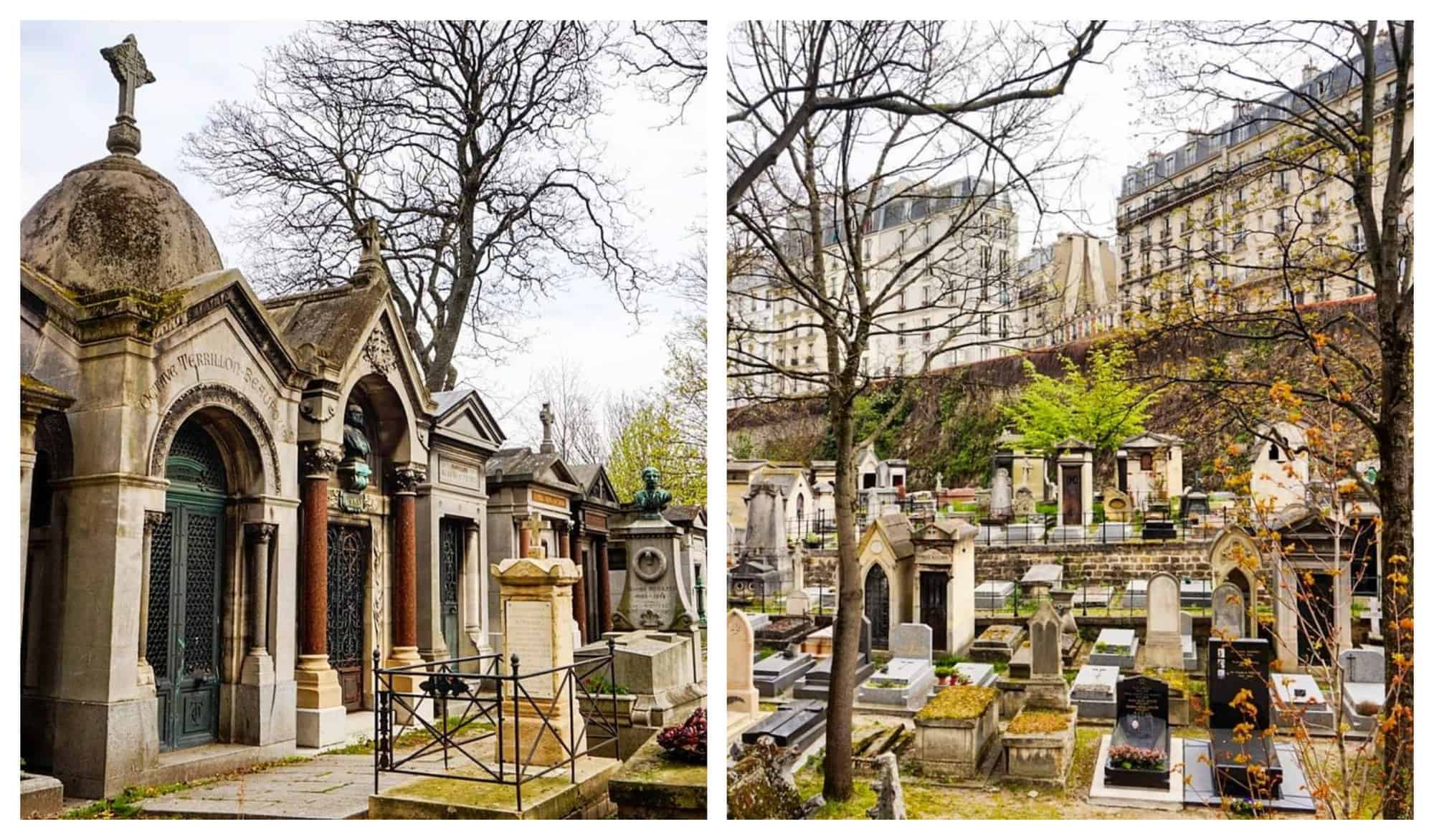 Two images of the Montmartre cemetery in the autumn featuring tombstones surrounded by trees with amber leaves.